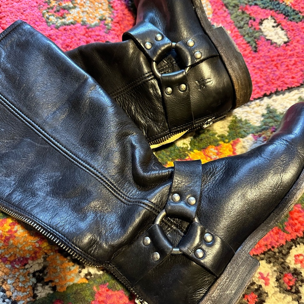 Frye Black Leather Mid-Calf Buckle Boots - Picture 4 of 7